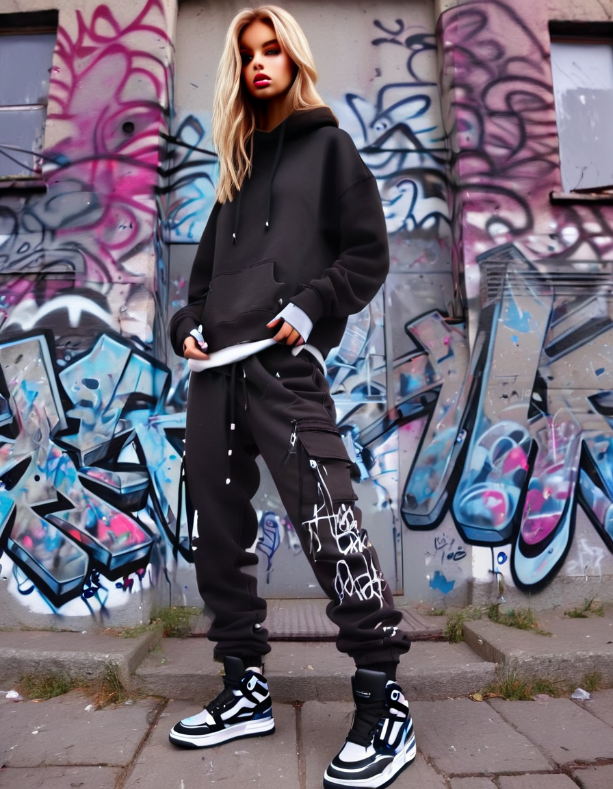 2000sfashionlora, 1girl, graffiti, pants, shoes, hood, blonde hair, hoodie, long hair, drawstring