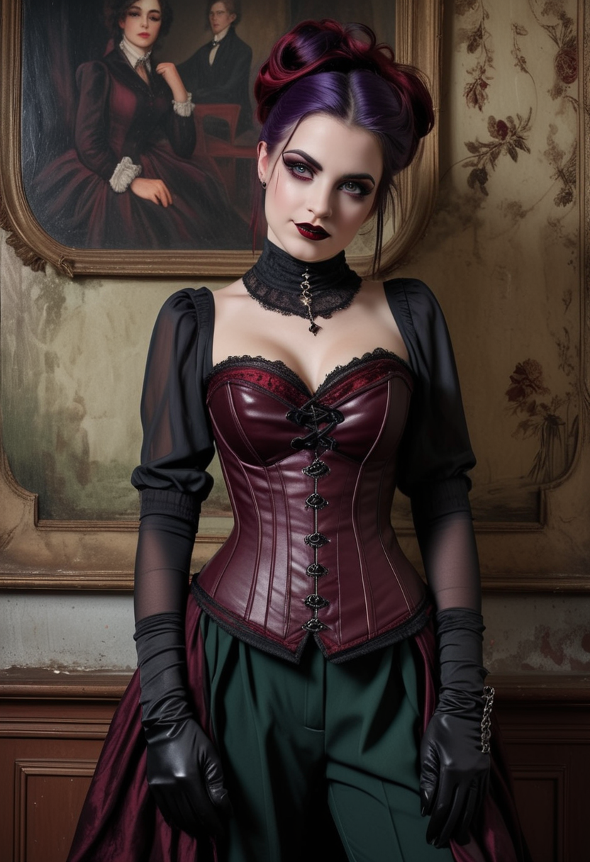 (medium full shot) of (brooding gothic maiden) young woman, voluptuous build, short dark half-up half-down hair, italian, tan skin, dark green eyes, wearing a dark victorian dark purple tailored corset , tailored trousers , sheer stockings, ballet flats, Dark crimson lipstick, dramatic red and black eyeshadow, dark nail polish with red accents, gothic rings leather gloves, set in  a decaying mansion, with broken windows, dusty furniture, faded tapestries, shadowy corners, and abandoned rooms , woman smiling, ,Masterpiece,best quality, raw photo, realistic, very aesthetic
