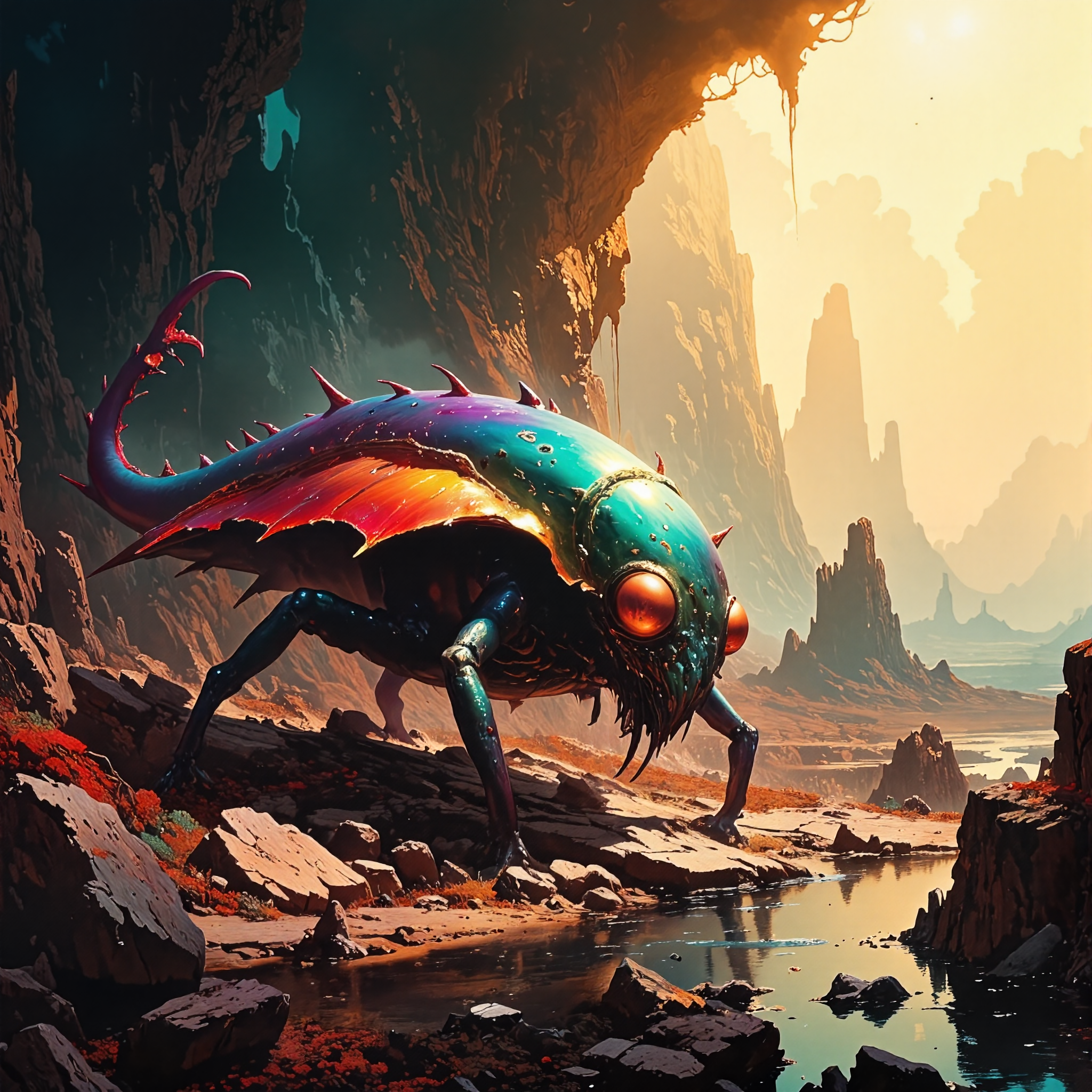 unique and ethereal scenery on a distant world, creature focus, movie poster style, very aesthetic, harmonising colors, golden ratio, extremely detailed, 8k, 4k, ultra-high-resolution, famous artwork inspired by tom bagshaw and ruan jia and adolph von menzel, movie poster style, the "polite flibbersploider" is a small creature that prospers in intense heat, building its gozzleduzzled lairs in the flanks of active volcanoes on planet "zofflebob prime," here we get a good look at its colorful ears and intricate eyes as it lays in ambush to prey on the "frizzy thwaddurl" from the shadows of its underflipted hideout, four-legged, four legs, bordeaux red and aubergine purple and deep blue and light beige and lemon yellow and deep teal, ovg, style of rembrandt, <lora:style-oil_painting-flux-by_leporello:0.6> <lora:style-rembrandt-flux-by_tangbohu:0.68> <lora:style-fantastic_landscapes-flux-by_artifyai:0.52>