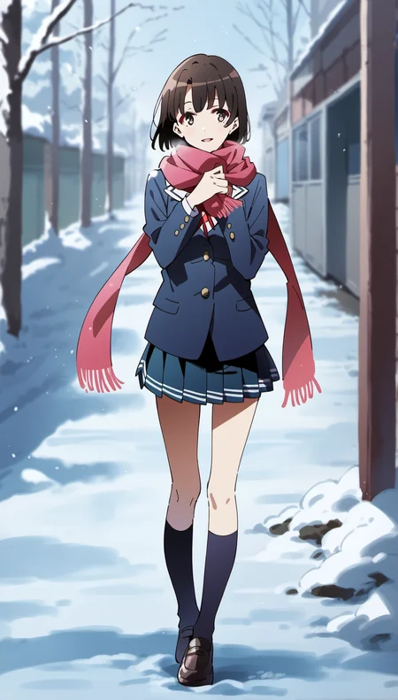 score_9,score_8_up,score_7_up,
<lora:megumikato:0.9>,
megumikato,
1girl,solo,black hair,bangs,short hair,brown eyes,pupils,looking at viewer,smile,parted lips,blue school blazer,scarf,red ribbon tie,long sleeves,pleated skirt,purple kneehighs,brown leather shoes,full body,standing,hands on scarf,
blurry background,vignetting,bloom,light particles,outdoors,winter,snow,