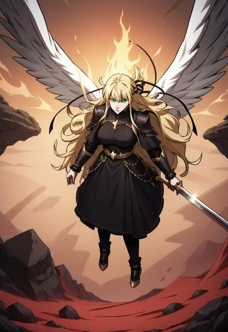 score_9, score_8_up, score_7_up, score_6_up, detailed, extremely detailed, Uriel, green eyes, blonde hair, long hair, majestic, black armor with gold features, graceful look, badass, mighty looking, powering up a strong attack,
large white wings, feathery, wings spreading out behind, white glowing burning sword, white flames, ((holding sword with both hands)), sword facing upwards, holding sword over head, flying, in the sky, 
BREAK
in hell, red sand, dark rocks, gloomy city in background, orange sky, stars visible