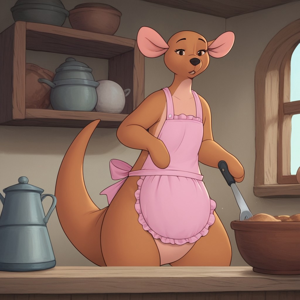 score_9, score_8_up, score_7_up, score_6_up, score_5_up, score_4_up source_furry, WtPKangav2, semi-anthro, female, kangaroo, brown fur, inside, pink apron, frilly apron