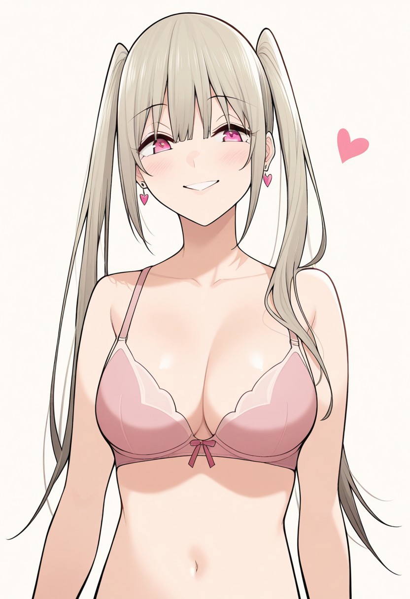 score_9, score_8_up, score_7_up, source_anime,(extremely detailed CG), (best quality), 
1girl,long hair, twintails, earrings, pink eyes, jewelry, earrings, smile, solo, meme, portrait, heart, simple background, ruri,bra, breasts,navel,