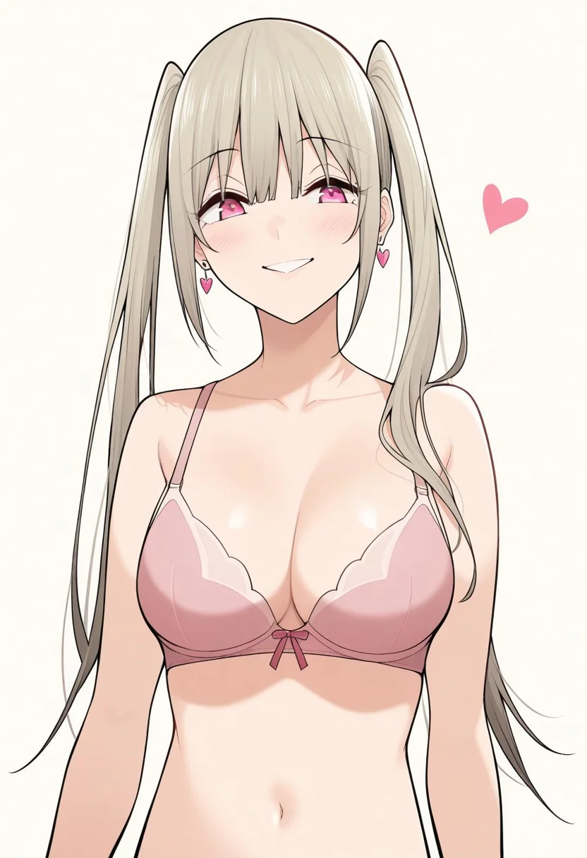 score_9, score_8_up, score_7_up, source_anime,(extremely detailed CG), (best quality),
1girl,long hair, twintails, earrings, pink eyes, jewelry, earrings, smile, solo, meme, portrait, heart, simple background, ruri,bra, breasts,navel,