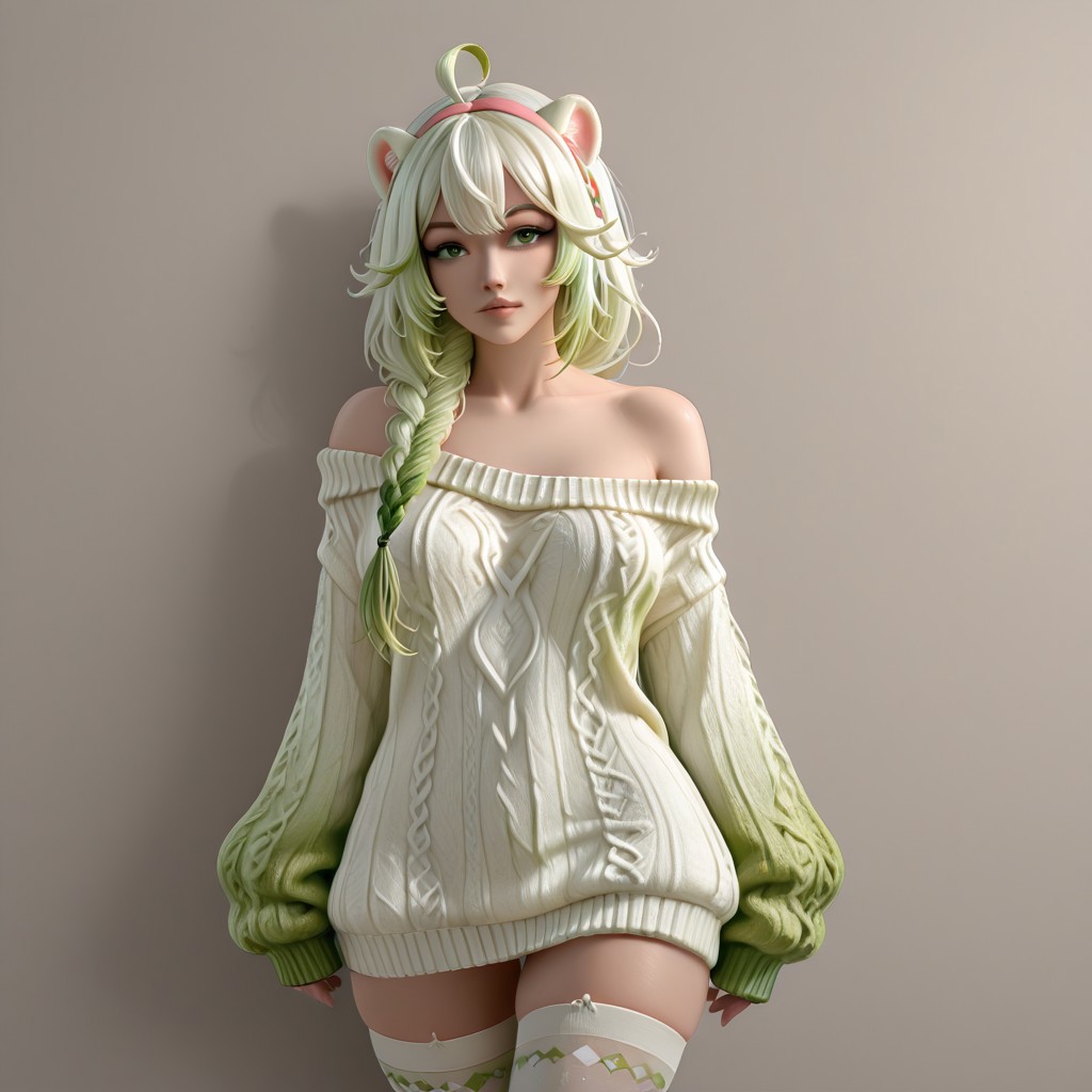 coll-dami, 1girl, thighhighs, animal ears, green eyes, braid, multicolored hair, sweater, green hair, white thighhighs, ahoge, off-shoulder, sweater off shoulder