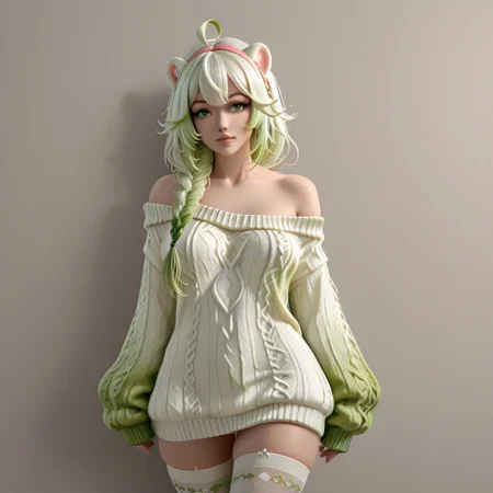 coll-dami, 1girl, thighhighs, animal ears, green eyes, braid, multicolored hair, sweater, green hair, white thighhighs, ahoge, off-shoulder, sweater off shoulder