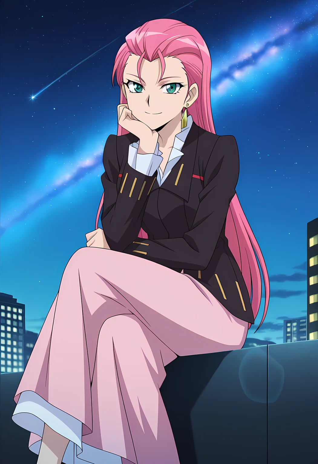 masterpiece,best quality,amazing quality,

solo, 

Esuka Hibino (Cardfight Vanguard), long hair, pink hair, hair slicked back, hair down, green eyes, formal, long sleeves, earrings, jewelry, jacket, long skirt, pink skirt, 

looking at viewer, smile, cheeks leaning on arm, 

cinematic, crossing legs, 

Outdoors, night, On top skyscraper, sci-fi city, (galaxy sky:1.2),

Lens flare, bloom, detailed shadow,

Official style, anime screencap, anime coloring,












