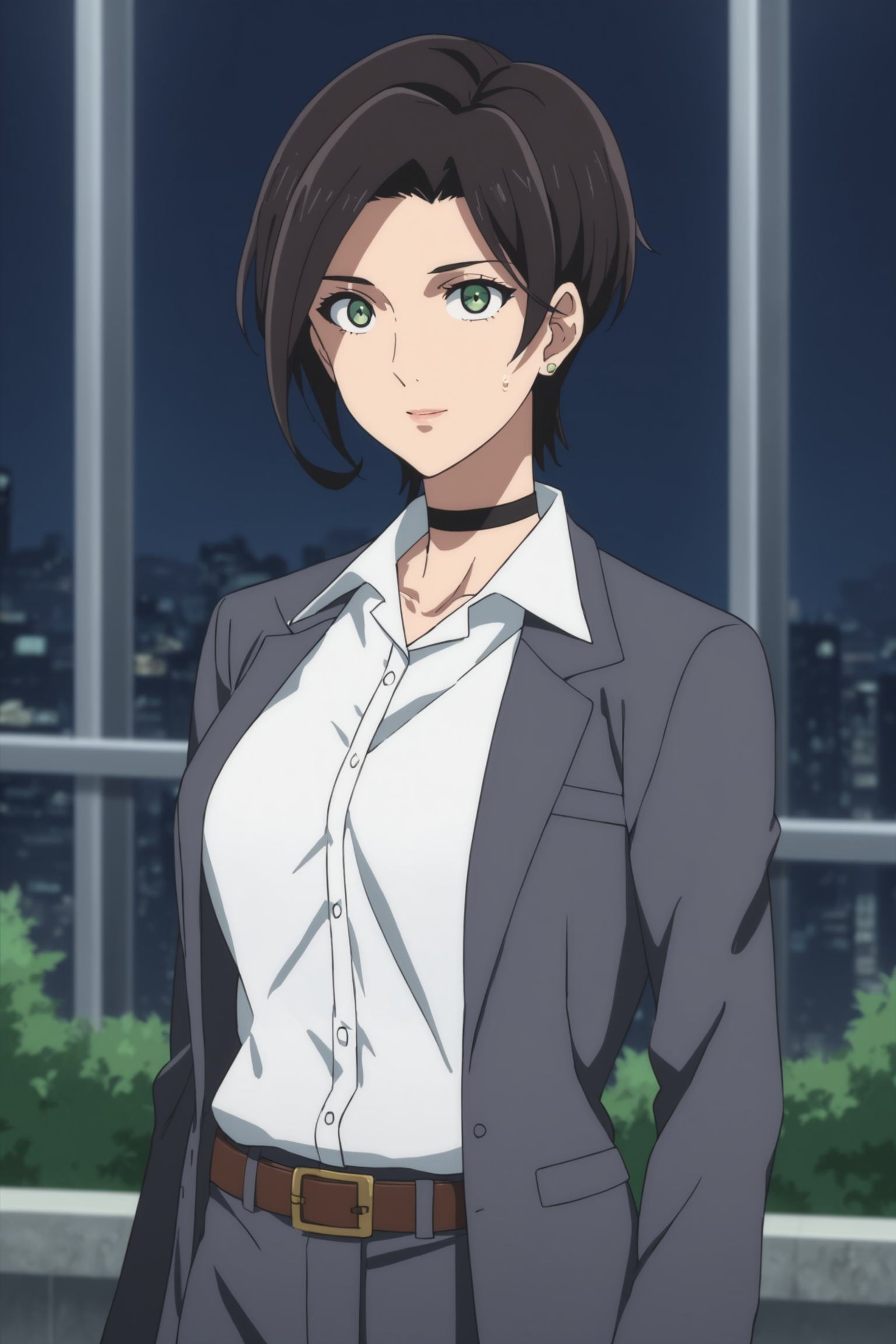 score_9, score_8_up, score_7_up, score_6_up, score_5_up, source_anime, rating_safe, medium breasts, outdoors, city, (night:1.2), office, 1girl, solo, looking at viewer, <lora:age_slider_v4:3>, (standing:1.2), (upper body:1.2),yumihara saki, black hair, short hair, green eyes, sakisuit, formal, suit, black choker, grey jacket, white shirt, collared shirt, belt, grey pants, black shoes, <lora:Saki_Yumihara:0.8>,