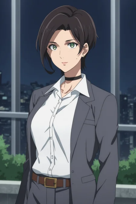 score_9, score_8_up, score_7_up, score_6_up, score_5_up, source_anime, rating_safe, medium breasts, outdoors, city, (night:1.2), office, 1girl, solo, looking at viewer, <lora:age_slider_v4:3>, (standing:1.2), (upper body:1.2),yumihara saki, black hair, short hair, green eyes, sakisuit, formal, suit, black choker, grey jacket, white shirt, collared shirt, belt, grey pants, black shoes, <lora:Saki_Yumihara:0.8>,