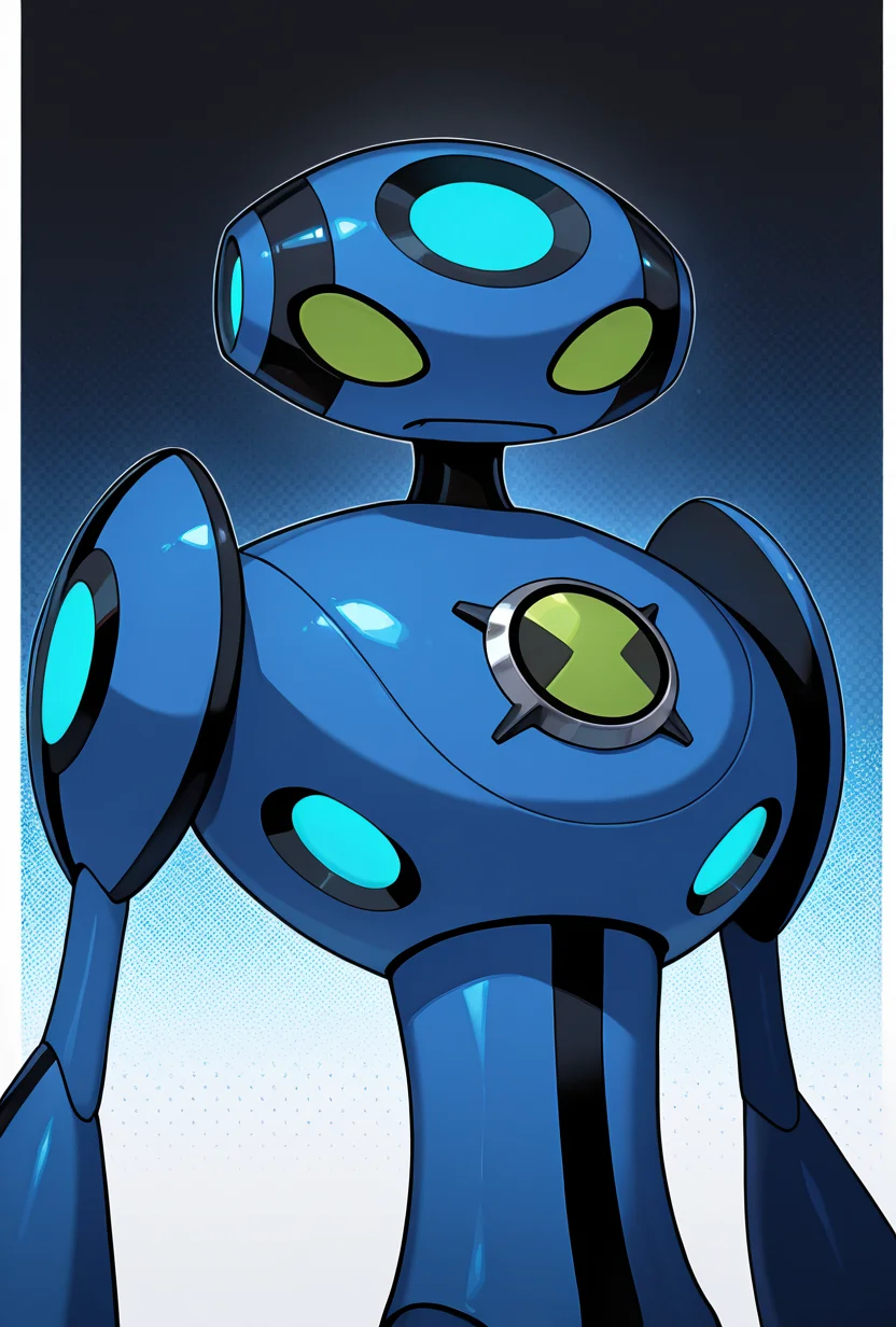 <lora:ulteco-05:1> ulteco, pokemon (creature),blue robot, green eyes, closed mouth, masterpiece, best quality, amazing quality, very aesthetic, absurdres, newest,, upper body, halftone effect, white borders, abstract background:1.2,