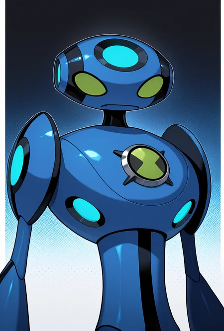 <lora:ulteco-05:1> ulteco, pokemon (creature),blue robot, green eyes, closed mouth, masterpiece, best quality, amazing quality, very aesthetic, absurdres, newest,, upper body, halftone effect, white borders, abstract background:1.2,
