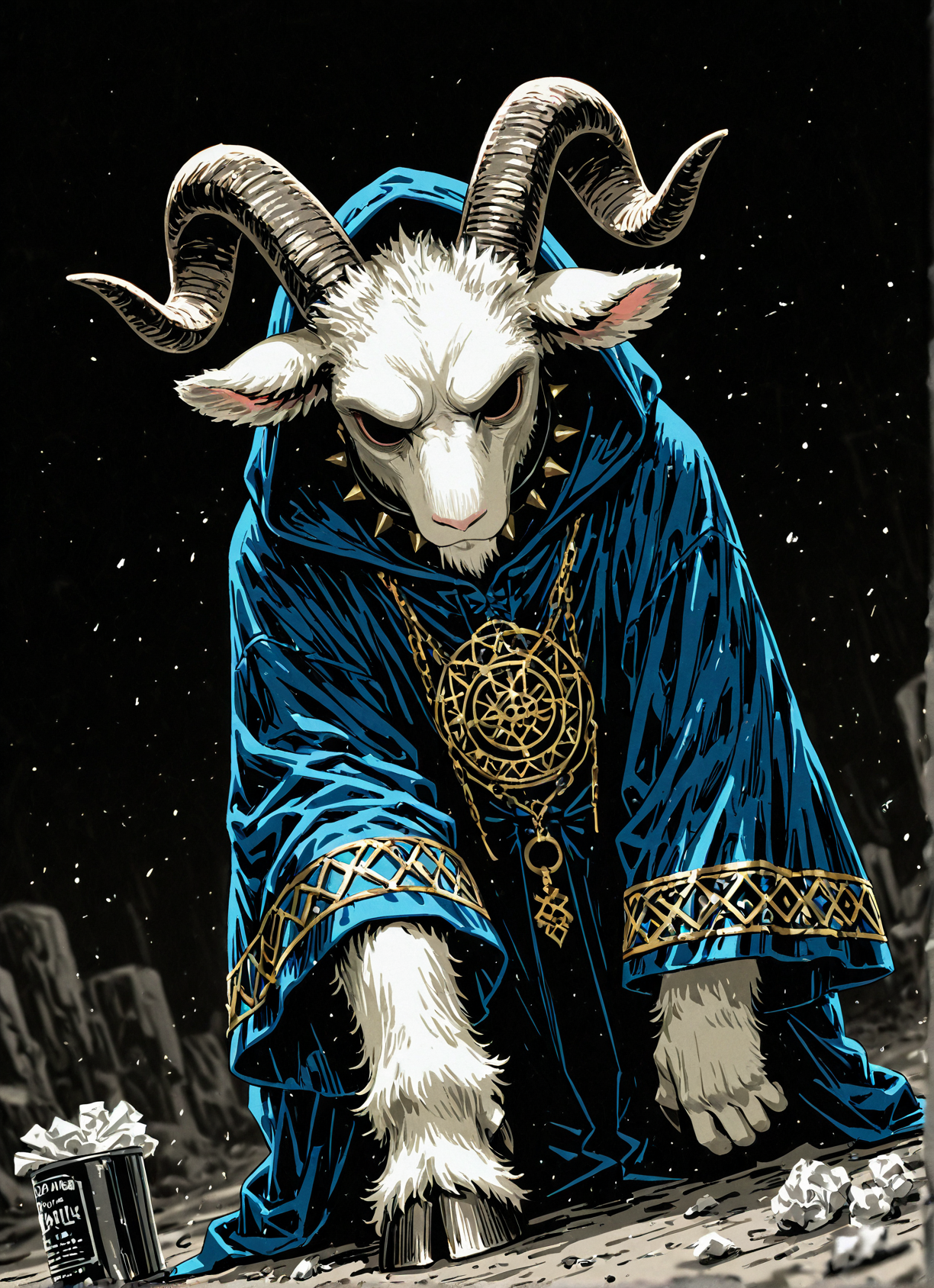 GoatWizard, custom artisanal painting by Prog420ress, vector art, aesthetically pleasing painting of a bipedal artiodactyls goat wizard, furry style, (an anthropomorphic goat:1.4), solo goat wizard, inhuman bipedal goat,hooves as hands, cloven hooves, goat limbs, anthropomorphized intelligent goat wizard, illustration  in dark menacing  colors,  quasi-realistic manga-style color painting, (depth of field:1.6), stained blotter paper medium,black navy blue gradient, ink wash painting, art nouveau, artgerm, Forgotten Realms art style, interpretive motion blur, dust particles, organic earthy influences, colorful, mucha style, artgerm mucha, artgerm portrait, set in an alternate dimension, (white goat furry:1.1),
GoatWizard, male, masculine, powerful, filthy, rugged, grungy, dirty goat, sunken recessed eyes, skeletal anthro goat, dewclaws and soft tissue pads, allows them to effectively navigate diverse terrains. male anthropomorphic goat wizard chewing a discarded tin can, (long wizard robe, long draping sleeves, tapered wizard sleeves:1.2), spiked goat choker, dirty white fur, mysterious slender humanoid goat hidden in shadows, thin boney goat facial features, prominent furrowed goat brow, (massive goat horns:1.4), (goat cloven hooves, goat legs, dirty goat fur:1.1), elongated goat jaw, strong square jaw line, goat teeth, (chewing:1.4), arcane spell caster, dark magic user, occultist, imbued with the abilities of a god, able to bend both time and space with a simple hoof movement, ambitious, greedy, malevolent, long dark robes that conceal most of its goat body, hooded robes, oversized hood, omnipresent yet isolated, lonely dark goat god, unlimited power, dark wizard goat, chaotic, dangerous, dark goat deity, immortal anthropomorphic goat sorcerer, the Wizard GOAT, extreme angle 3rd party perspective, smeared crosshatch shading, low contrast <lora:manga:0.8> <lora:NoctAbstractConcept:-0.4> <lora:Wizardry_-_limited_palette_v1.15:0.6>, meant to invoke feelings of Contempt Resentful Sympathy,,
<lora:fur:0.6> furry, male anthro goat, detailed fur <lora:ck-OneViolentFantasy:0.6>  <lora:dark_v1.9-pony:1> dark theme, dim lighting, black theme, dark background, dark room, black background, silhouette, backlightingâââ