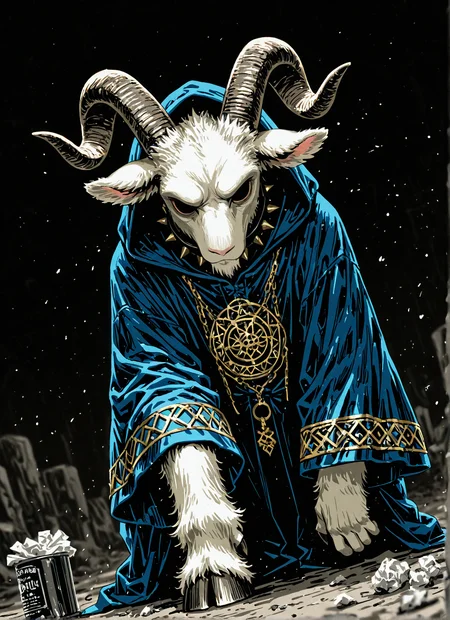 GoatWizard, custom artisanal painting by Prog420ress, vector art, aesthetically pleasing painting of a bipedal artiodactyls goat wizard, furry style, (an anthropomorphic goat:1.4), solo goat wizard, inhuman bipedal goat,hooves as hands, cloven hooves, goat limbs, anthropomorphized intelligent goat wizard, illustration in dark menacing colors, quasi-realistic manga-style color painting, (depth of field:1.6), stained blotter paper medium,black navy blue gradient, ink wash painting, art nouveau, artgerm, Forgotten Realms art style, interpretive motion blur, dust particles, organic earthy influences, colorful, mucha style, artgerm mucha, artgerm portrait, set in an alternate dimension, (white goat furry:1.1),
GoatWizard, male, masculine, powerful, filthy, rugged, grungy, dirty goat, sunken recessed eyes, skeletal anthro goat, dewclaws and soft tissue pads, allows them to effectively navigate diverse terrains. male anthropomorphic goat wizard chewing a discarded tin can, (long wizard robe, long draping sleeves, tapered wizard sleeves:1.2), spiked goat choker, dirty white fur, mysterious slender humanoid goat hidden in shadows, thin boney goat facial features, prominent furrowed goat brow, (massive goat horns:1.4), (goat cloven hooves, goat legs, dirty goat fur:1.1), elongated goat jaw, strong square jaw line, goat teeth, (chewing:1.4), arcane spell caster, dark magic user, occultist, imbued with the abilities of a god, able to bend both time and space with a simple hoof movement, ambitious, greedy, malevolent, long dark robes that conceal most of its goat body, hooded robes, oversized hood, omnipresent yet isolated, lonely dark goat god, unlimited power, dark wizard goat, chaotic, dangerous, dark goat deity, immortal anthropomorphic goat sorcerer, the Wizard GOAT, extreme angle 3rd party perspective, smeared crosshatch shading, low contrast <lora:manga:0.8> <lora:NoctAbstractConcept:-0.4> <lora:Wizardry_-_limited_palette_v1.15:0.6>, meant to invoke feelings of Contempt Resentful Sympathy,,
<lora:fur:0.6> furry, male anthro goat, detailed fur <lora:ck-OneViolentFantasy:0.6> <lora:dark_v1.9-pony:1> dark theme, dim lighting, black theme, dark background, dark room, black background, silhouette, backlightingâââ