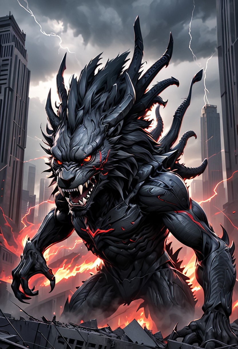 A Giant black lion Fenrir, protruding from gigantic city, fire emanates from its mouth, webbed wings, steel claws, horns, red eyes, angry, anger, 1lion, anthro, webbed wings, steel claws, horns, (((lion king head))), (((solo))), demonic, necromancy, xenomorphic skin, xenomorphic toes, focus, red eyes, demonic  angry, anger, realistic illustration, 4K, detail, apocalyptic, lightning, darkened sky. Background shapes mimic the blurred motion of the surroundings, creating a sense of urgency and excitement. The overall atmosphere is energetic and vibrant, capturing the essence of competition and speed in a modern, artistic style. Hyper-detailed digital art, contemporary and dynamic, vibrant colors, highly detailed, 8K resolution.
style of greg rutkowski, janek sedlar, jenny saville:0]  <lora:vivid_everclear:0.35>  <lora:Sinozick:0.35>  <lora:MJ52:0.35>