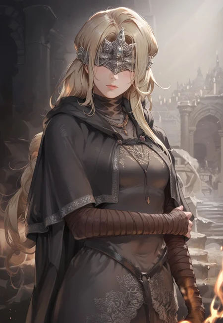 safe_pos, score_9, score_8_up, score_7_up, FireKepeerXl11, Blonde hair, Long hair, Crown, Cloak, necklace, black dress,  bandaged arms, medium breast