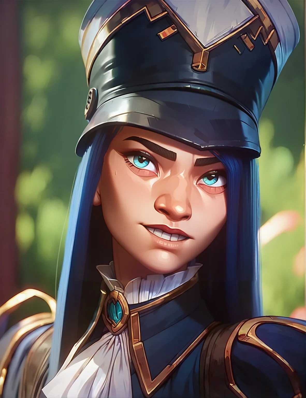 cat_k, <lora:caitlyn:0.8>, blue eyes, asian, 1girl, blue hair, long hair,uniform, cap, sleeves, gloves, looking at viewer, skinny body, score_9, score_8_up, score_7_up,score_9, score_8_up, score_7_up,