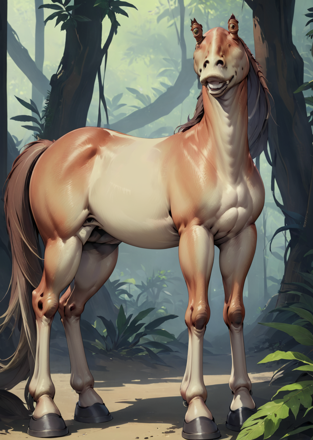 masterpiece, best quality, jjbinx:1.5  <lora:JarJarXL2-000026:1.5>, horse, soft light, multicolored legwear, unappetizing, jungle, making eye contact