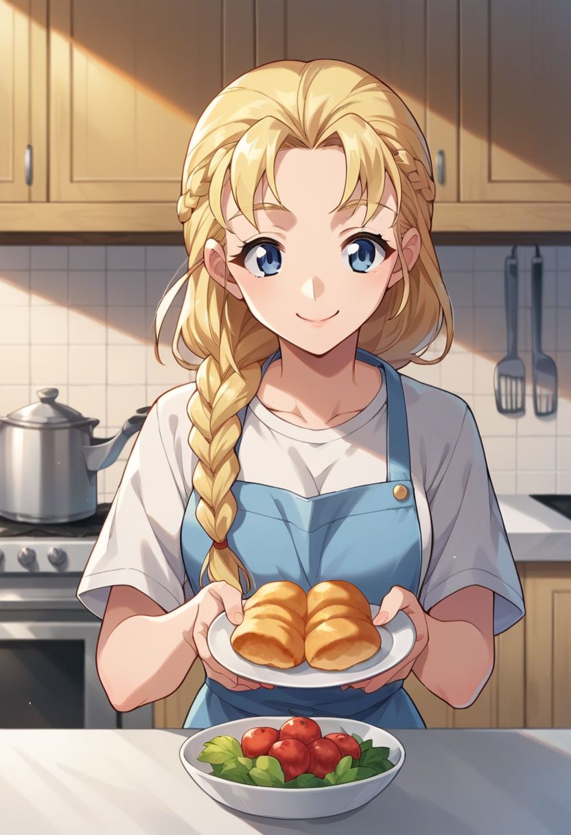 score_9, score_8_up, score_7_up, source_anime,miu furinji, blue eyes, blonde hair, long hair, 1girl, food, braid, kitchen, smile