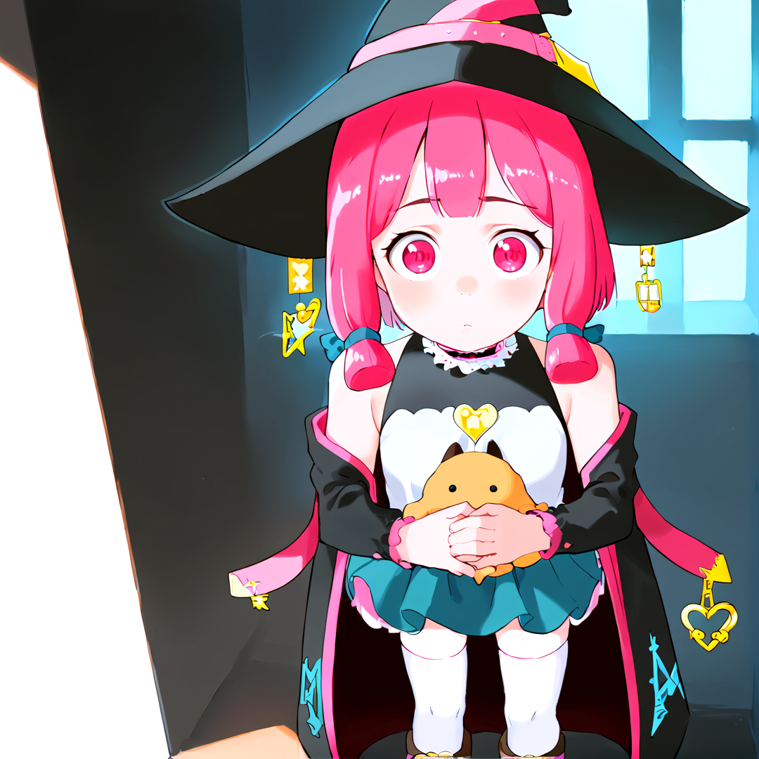 Masterpiece, high quality, score_9, score_8_up, score_7_up, highly detailed, dramatic lighting, volumetric lighting, multi-layered shading, 1girl, child, cute, standing, holding stuffed animal, stuffed toy, looking at viewer, shy,   <lora:PF11:1> pf11, pink hair, short hair, pink eyes, blue ribbons, hair tie, witch hat, thighhighs, black footwear, bare shoulders, star (symbol), pink choker, blue skirt, belt, black coat <lora:comiclo-xl-pony:0.5>