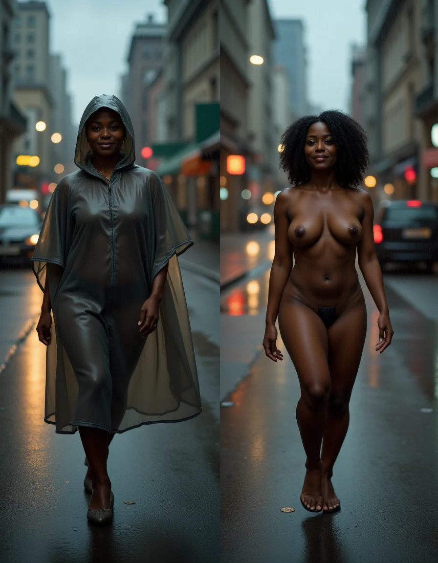 side-by-side clothed and nude photo of a dark-skinned woman wearing a rain poncho, standing in a city street, cloudy skies, rainfall, bokeh, dramatic lighting <lora:OnOff_for_Flux:1>