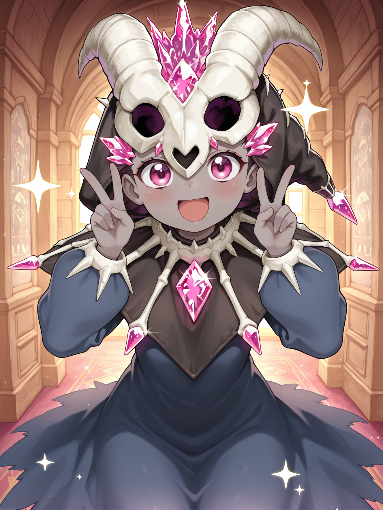 mementotlan mace,1girl,solo,open mouth,smile,pink crystal,gem,double v, looking at viewer,:d,sparkle,cowboy shot,grey skin,blue dress,animal skull mask,black capelet,indoors,
masterpiece,best quality,amazing quality,very aesthetic,absurdres,newest,<lora:Mementotlan Angwitch & Mace illusXL v1.1:0.75>,