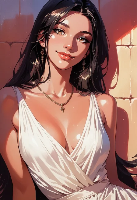 score_9, score_8_up, score_7_up, score_6_up, source_cartoon, 1girl, female, solo, femenine, petite, lean, pale skin,, soaking wet hair, smile, diaphonous white dress, bronze necklace, medium breasts, female focus, official style, close up, perfect anatomy, perfect face, standing, abstract beauty, beautiful, centered, looking at the camera, approaching perfection, dynamic, moonlight, highly detailed, watercolor painting, artstation, concept art, smooth, sharp focus, illustration, portrait