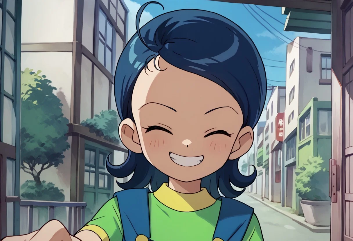 score_9, score_8_up, score_7_up BREAK Aiko1, 1girl, short blue hair, closed eyes, blue overalls, short-sleeve green shirt with yellow accents, cowboy shot, greeting at viewer, smile showing teeth,