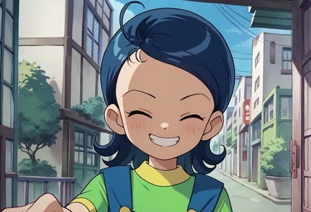 score_9, score_8_up, score_7_up BREAK Aiko1, 1girl, short blue hair, closed eyes, blue overalls, short-sleeve green shirt with yellow accents, cowboy shot, greeting at viewer, smile showing teeth,