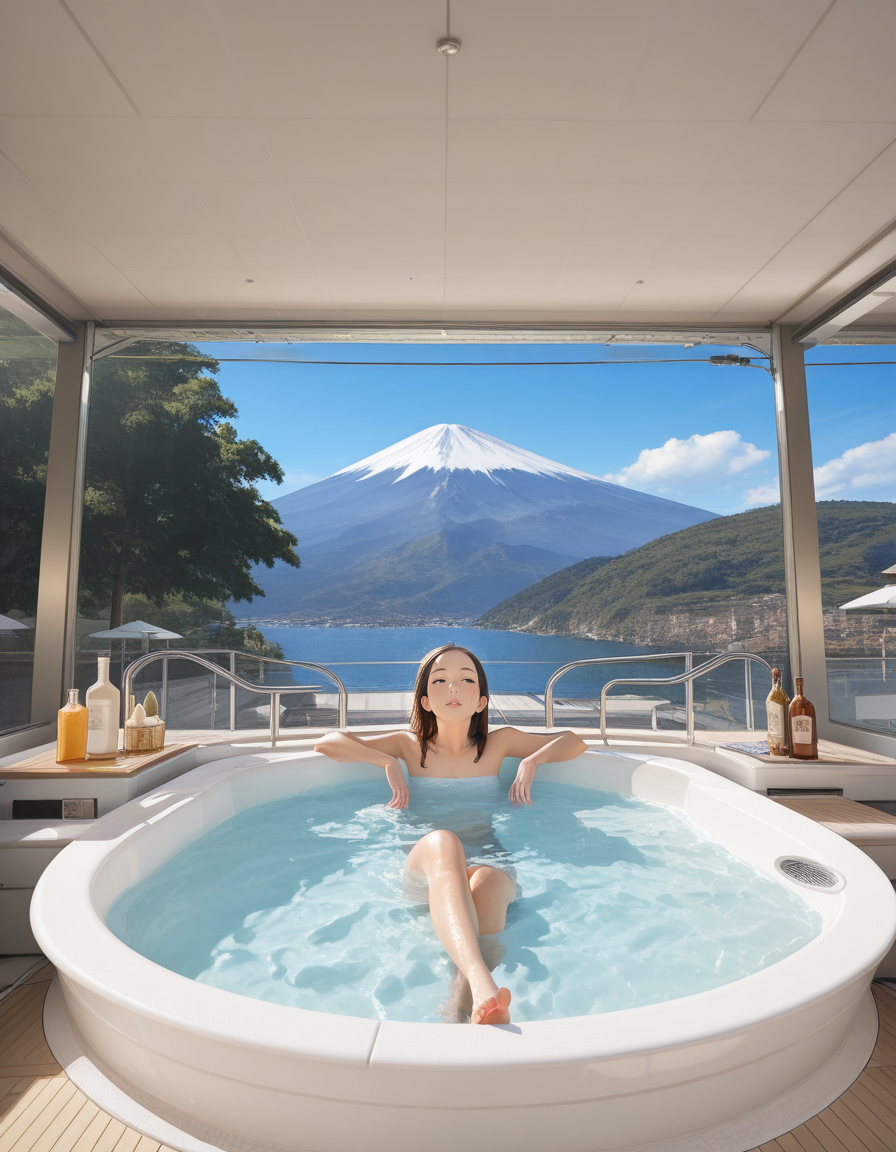score_7_up, anime BREAK official art, solo, 1girl, one girl, 
BREAK <lora:Luxury_yacht-000008:0.9>, Luxury yacht, 
hottub, bathtub, drink, 
BREAK <lora:ekiben:0.5>, shinkansen, 
outdoors, day, tree, building, blue sky, cloud, mount fuji, 
(masterpiece:1.3), best quality, high resolution, unity 8k wallpaper, extremely detailed CG, 8K, (watercolor \(medium\), muted color, sketch:1.1), perfect anatomy, highly finished, masterpiece, best quality, high quality, amazing quality, great quality, very aesthetic, ultra detailed, highres, absurdres, highly detailed, highly detailed background,