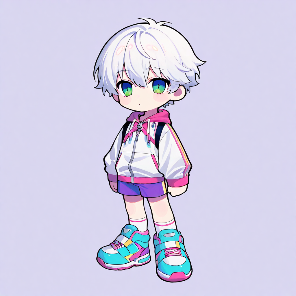 highly detailed, mnct, 1boy, vibrant, short hair, shorts, shoes, simple background, chibi