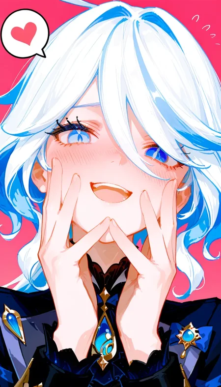 (masterpiece, best quality), amazing quality, very aesthetic, absurdres, highres, newest, safe, 8K, high detail RAW color art, intricate details, bright face, large pupil, eyelashes, brilliant skin, shiny skin,
(rella,konya karasue:1.2763), 1girl, furina \(genshin impact\), genshin impact, ahoge, blue eyes, blush, smile, blush, wave mouth, open mouth, embarrassed, cover on face hands, heart, spoken heart, pink background, <lora:748cmSDXL:0.6>, <lora:čå”ć:0.4>, <lora:ponyv5_noobV065S_1:0.8>, <lora:spo_sdxl_10ep_4k:0.6>, <lora:MeMaXL4:0.8> <lora:GBF_Illustrious:0.45>