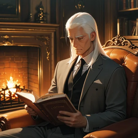 masterpiece, best quality, amazing quality, absurdres, newest, detailed background, definition so sharp, Ultra-HD, 8K cinematic, very awa, impressionate, amazing quality, highres,
solo, male focus, manly,
daikakukokujouji, lieutenant_white hair, lieutenant_brown eyes, 1boy, solo, old man, long hair, holding book, reading, relaxed pose,suit jacket, vest, armchair, fireplace, warm glow, stately, sophisticated, comfortable, peaceful, knowledgeable, content, joyful, gentleman