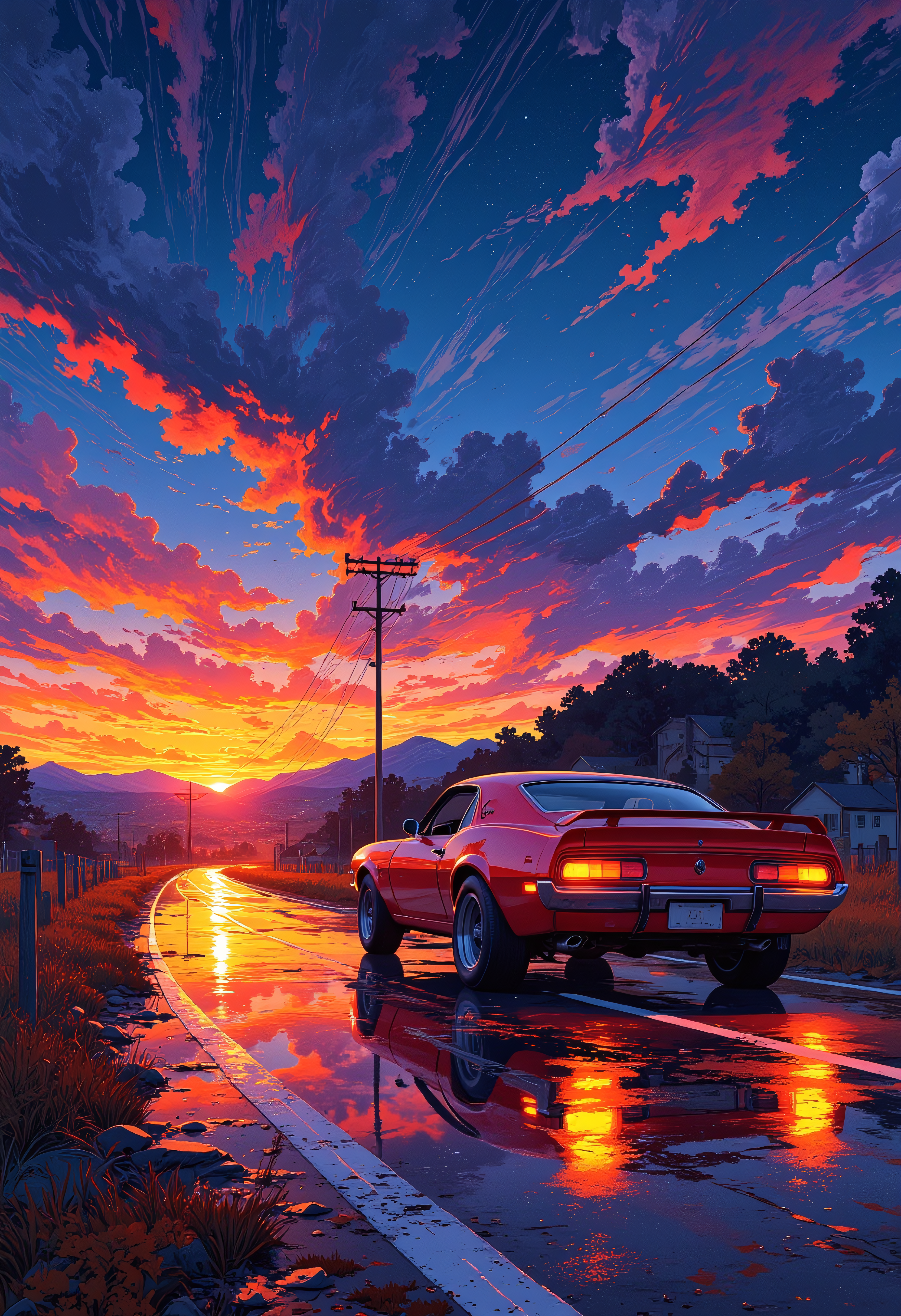 A glowing red muscle car driving fast down a country road on a sunset evening, Stranger Things, 1980's, colorful, blue and orange tone with other colors, vibrant glow