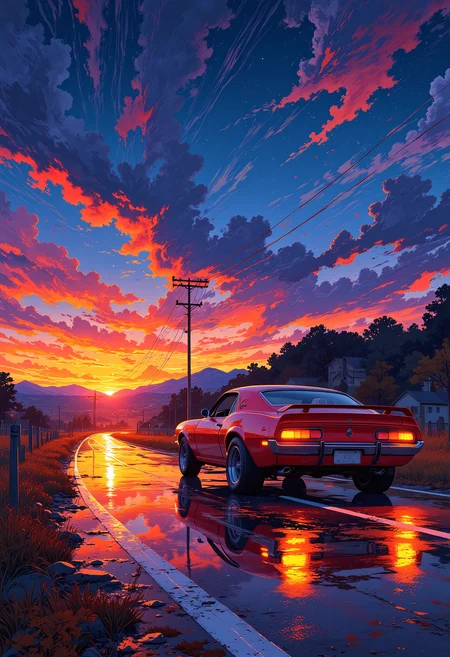 A glowing red muscle car driving fast down a country road on a sunset evening, Stranger Things, 1980's, colorful, blue and orange tone with other colors, vibrant glow