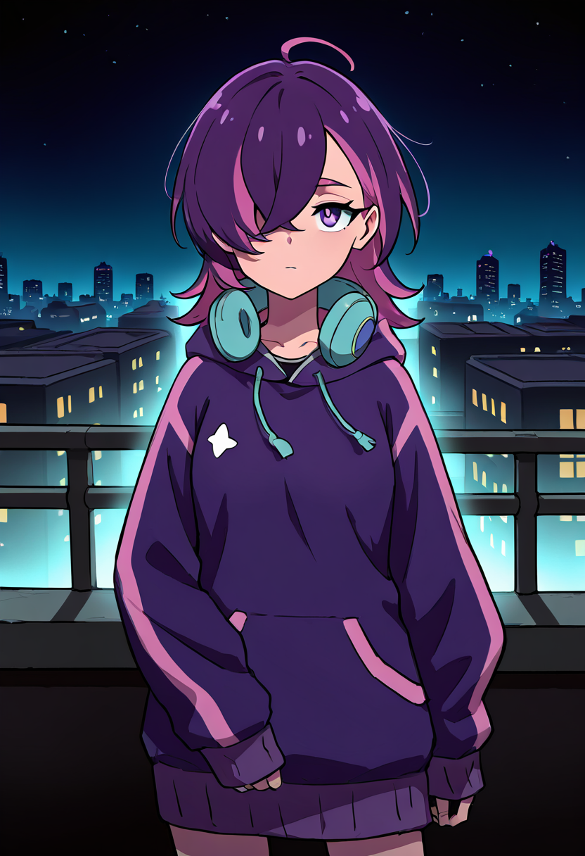 masterpiece, best quality, 1girl, solo, eyelashes, (beautiful eyes),    zzDot, purple eyes, medium hair, multicolored hair, pink hair, purple hair, hair over one eye, streaked hair, purple hoodie, windbreaker, headphones, fingerless gloves, standing, looking up, city skyline, rooftop, night, stars, wind, solo, dramatic lighting, glowing lights â On the edge of a tall rooftop, zzDot stands beneath a starlit sky, the cityscape sprawling endlessly behind her. Neon lights shimmer like a sea of stars below, while the wind tugs playfully at her hair and purple hoodie. One eye remains hidden beneath vivid strands, while the other reflects constellations above. Her headphones dangle around her neck, catching moonlight as she raises her head, the glow of the city wrapping around her like a silent anthem. Itâs a moment of reflection and quiet rebellion, high above the noise of the world.  <lora:DotTimeSkipPokemon_IXL:1.0>,