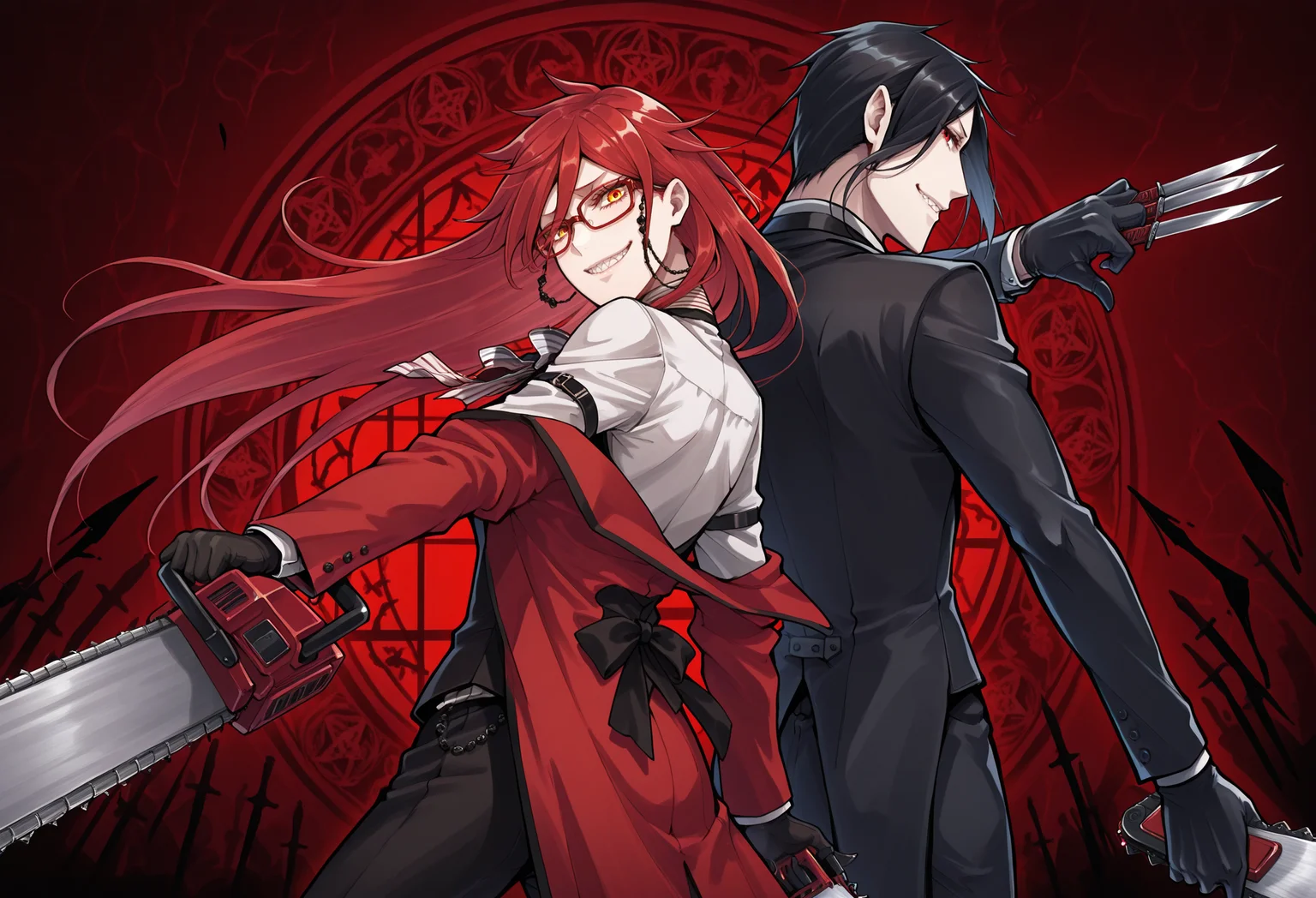 masterpiece, best quality, 2boys, <lora:grell-sutcliff-v1-illustrious:0.9>, grin, coat partially removed, holding chainsaw, grell sutcliff, eyewear, cowboy shot, very awa, solo, 96yottea, kuroshitsuji, gloves, pose, back-to-back, formal suit, sebastian michaelis, dark ritual background, holding throwing knives, defensive stance