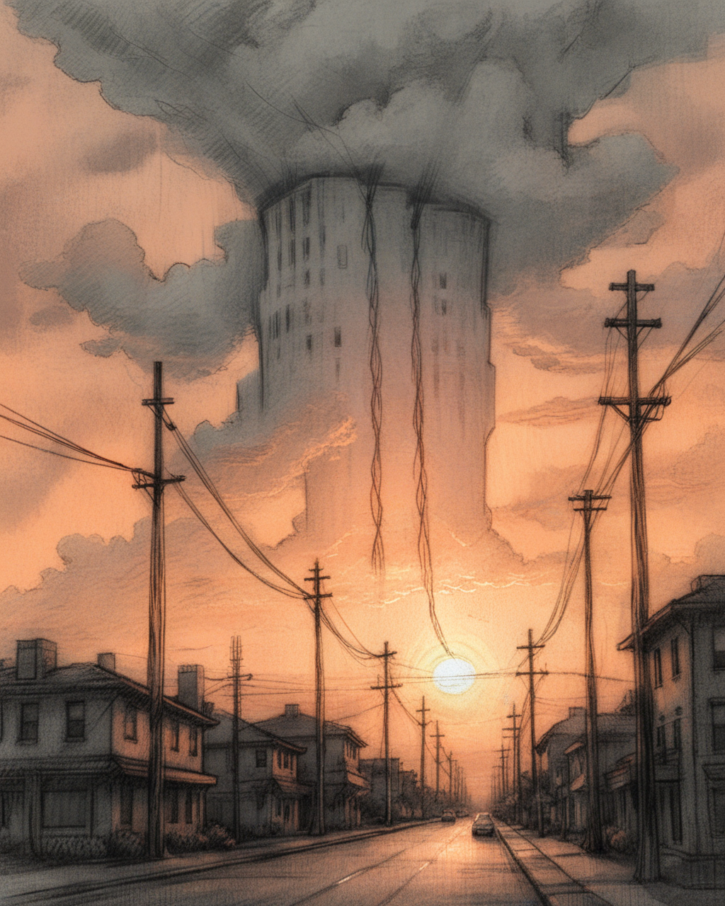 pixeldust_sketch, (masterpiece, outdoors, sky, cloud, no humans, cloudy sky, building, scenery, science fiction, sunset, city, sun, cable, road, cityscape, ruins, power lines, street, utility pole, skyscraper, tower, orange sky, orange theme, skyline, yellow sky, vanishing point)0.9