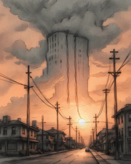 pixeldust_sketch, (masterpiece, outdoors, sky, cloud, no humans, cloudy sky, building, scenery, science fiction, sunset, city, sun, cable, road, cityscape, ruins, power lines, street, utility pole, skyscraper, tower, orange sky, orange theme, skyline, yellow sky, vanishing point)0.9