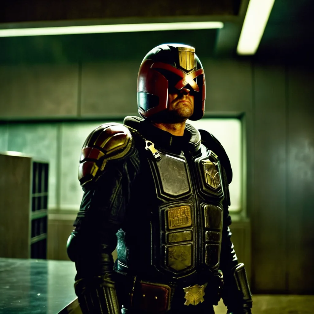 cinematic film still of <lora:Judge Dredd:1>
Judge Dredd a man in a helmet and armor standing in a room, shallow depth of field, vignette, highly detailed, high budget, bokeh, cinemascope, moody, epic, gorgeous, film grain, grainy