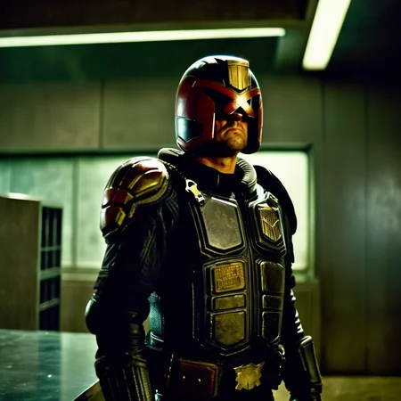 cinematic film still of <lora:Judge Dredd:1>
Judge Dredd a man in a helmet and armor standing in a room, shallow depth of field, vignette, highly detailed, high budget, bokeh, cinemascope, moody, epic, gorgeous, film grain, grainy