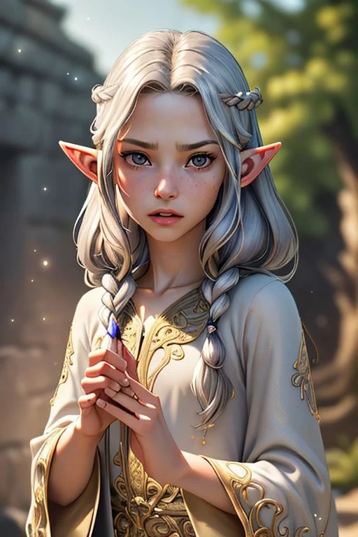 Portrait of a beautiful queen, 18yo, casting a spell, (small natural pointed ears:1.4), very long braided golden hair with silver highlights, gold circlet, (lips speaking a spell), large light grey eyes, angry, medium breasts, (finely embroidered gossamer tunic and robe with stars design), random pose, outdoors, star filled sky, golden hour, professional hyperrealist art by Chuck Close, sharp focus, dramatic, award winning, dtx, (depth of field blurry background, blurry foreground, bokeh, (masterpiece), (extremely intricate:1.3), (hyperrealistic), HD