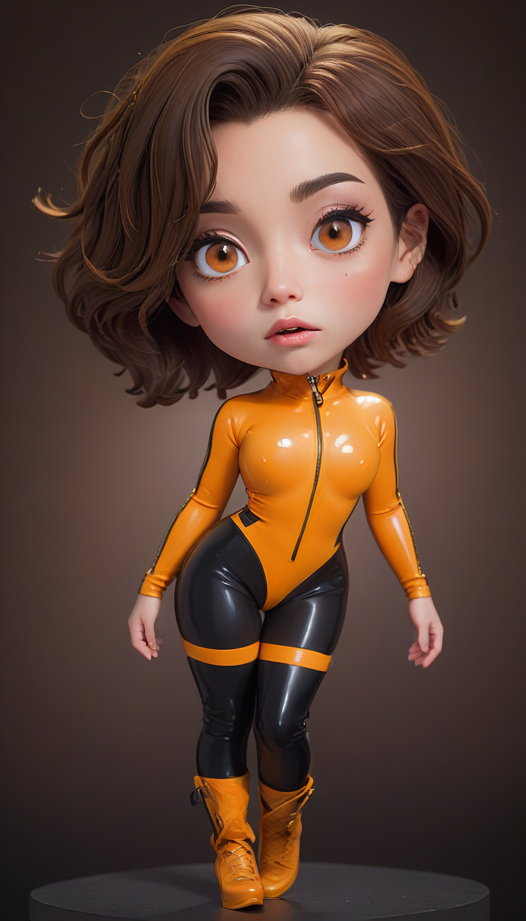 (in ARTIST style:1.7), (masterpiece:1.7), comics style,
somechibi, chibi, gorgeous character concept art of a beautiful woman leaning over, gorgeous, cute, tender beauty, breasts,
(bodysuit, brown hair, solo, breasts, orange bodysuit, brown eyes, looking at viewer, zipper, full body, yellow latex catsuit, catsuit, skin texture),
cleavage, seductive, voluptuous:2, long hair, luscious lips, comic book art, rough colored sketch, (looking at the viewer), (simple background, dark background),
BREAK,
striking large eyes, aligned eyes,
(masterpiece:1.8), (highest detailed:1.8), (angle:1.8), perfectly lighted, (contrast), (saturated), (((sharp focus))), (hyperdetailed:1.3), (intricate details:1.2), (Refined details:1.3),
(best quality:1.5), highly detailed textures, vibrant colors, (finely detailed beautiful eyes and detailed face),extremely detailed CG unity 8k wallpaper, (masterpiece:1.8), (highest detailed:1.8), (angle:1.8), perfectly lighted, (contrast), (saturated), (((sharp focus))), (hyperdetailed:1.3), (intricate details:1.2), (Refined details:1.3), (best quality:1.5), highly detailed textures, vibrant colors,
(ultra sharp focus:1.8), (detailed skin:1.8), (thin lines:1.8), (best quality:1.8), <lora:glowneon_xl_v1:0.7>
<lora:SomeChibi_Chibi_Style:1>