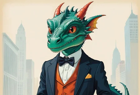 baby dragon (wearing tuxedos:1.1), office (wall street vibes:1.3), teacher dragon (wise eyes:1.1), retro children's book illustration style, thick outlines, vibrant colors, friendly composition