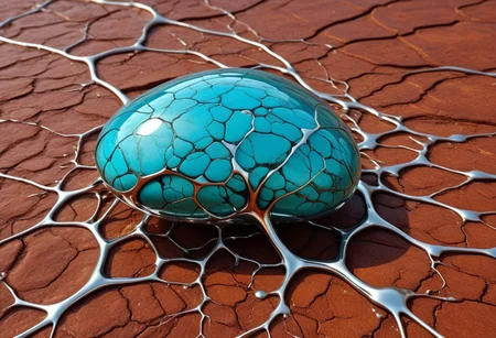 small polished and shiny turquoise peebles scatered in a delicate network of made out of liquid chrome tendrils spreading on a red flat rock, veins of chrome and silver running on a red rock formation, dusty and rocky ground, photorealism, 4k, photorealistic, deep tones,