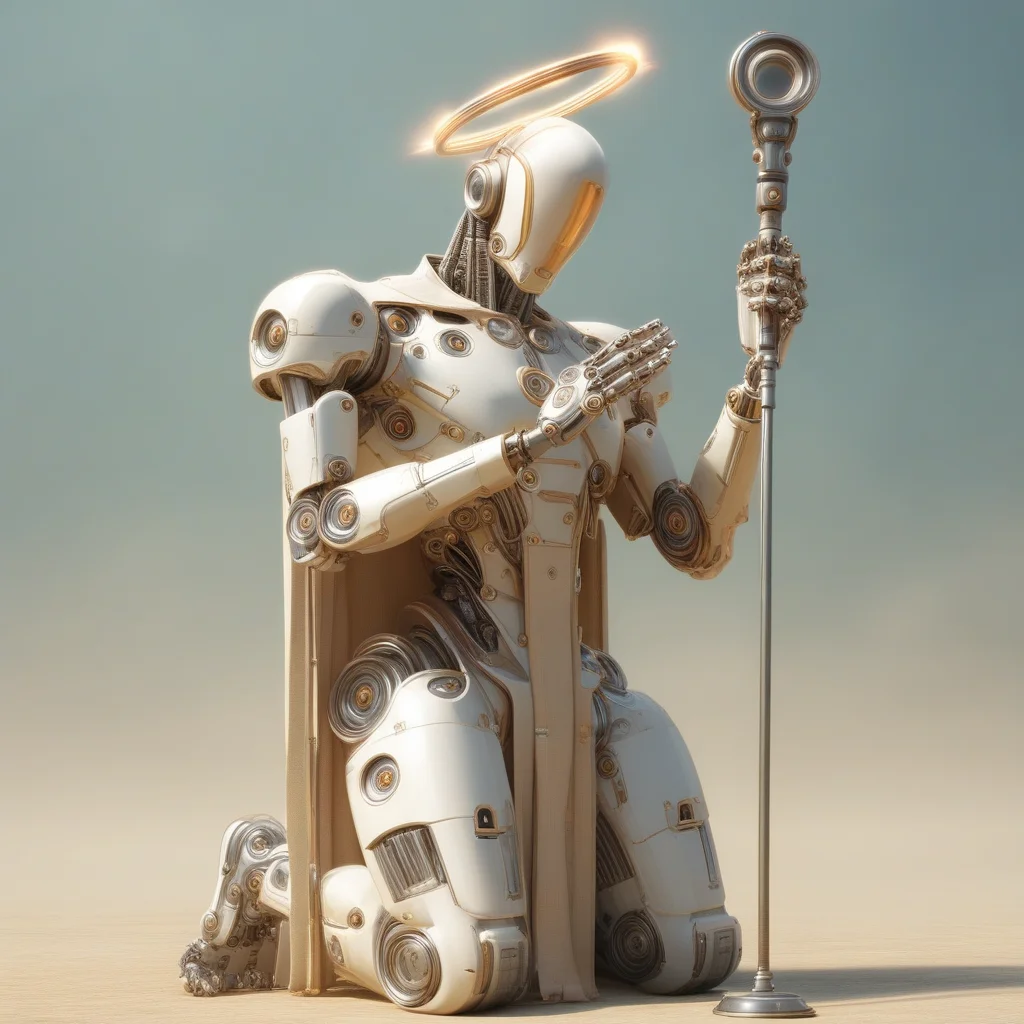 Science fiction Robot with halo hands together holding staff kneeling realistic
