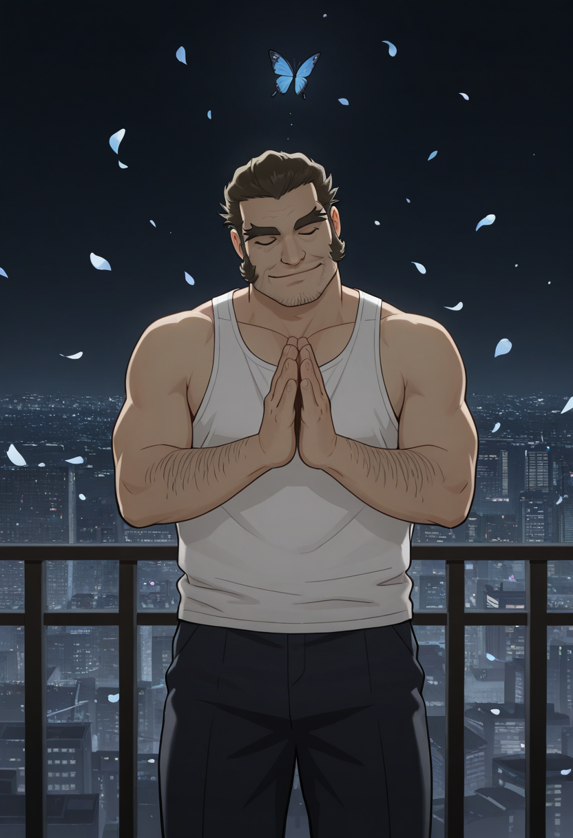 1boy, white tank top, praying, clapping, light smile, facing viewer, head tilt, cowboy shot, closed eyes,
BREAK
<lora:Brian_D._Kadokura_from_Detective_Conan_The_Million-dollar_Pentagram_v1.0_1761907:1>
briandkadokura, mature male, brown hair, green eyes, thick eyebrows, forked eyebrows, long sideburns,
arm hair, <lora:arcane_style_illustrious_goofy:0.25> youtian \(youtiange\),
BREAK
floating hair, wind, dark background, blue butterfly, falling petals, depth of field, cityscape,
BREAK
very awa, masterpiece, best quality, absurdres, newest, perfect quality, detailed background, intricate details,