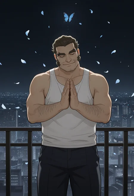 1boy, white tank top, praying, clapping, light smile, facing viewer, head tilt, cowboy shot, closed eyes,
BREAK
<lora:Brian_D._Kadokura_from_Detective_Conan_The_Million-dollar_Pentagram_v1.0_1761907:1>
briandkadokura, mature male, brown hair, green eyes, thick eyebrows, forked eyebrows, long sideburns,
arm hair, <lora:arcane_style_illustrious_goofy:0.25> youtian \(youtiange\),
BREAK
floating hair, wind, dark background, blue butterfly, falling petals, depth of field, cityscape,
BREAK
very awa, masterpiece, best quality, absurdres, newest, perfect quality, detailed background, intricate details,