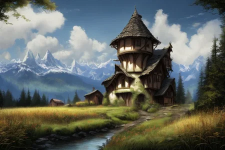realistic analog photo, award winning photo, 
fantfa, background, mountain, stream, trees, foreground, field, house, farm, witow, a wizard watch tower,
high-quality, crisp, sharp, professional-grade, high-resolution, fine detail, accurate colors, low noise, fast shutter speed, wide dynamic range, precise focus, RAW, highres, 8k, uhd, High Dynamic Range, tonemapping, crisp details,