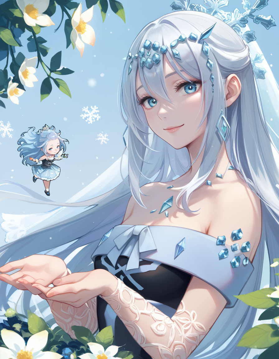 (score_9:0.9),score_8_up,score_7_up,rating_safe,(zPDXL3),(zPDXL),
<lora:Teardrop the Rikka Queen ponyXL v1.1:0.78>,
garden,winter,snow,teardrop the rikka queen,snowflakes,smile,looking at viewer,2girls,collarbone,upper body,solo,closed mouth,simple background,snowflake tiara,snowflake print detached sleeves,cyan bridal veil,black strapless leotard,rikka petal,minigirl,minigirl on hands,cyan dress,white flower,facing viewer,