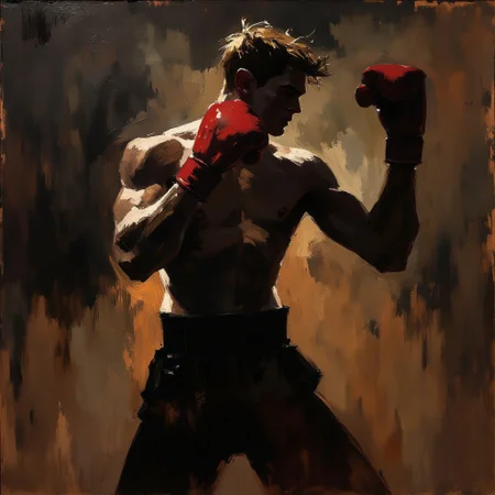A dramatic oil painting in a realist kinetic style, painted in the bold, expressive style of Steve Huston. It depicts an image of a lean, athletic boxer shadowboxing alone in a dimly lit room. He stands with his fists raised in a boxing guard stance, his elbows tight in at his sides and his fists protecting his face. What can be seen of his face is cast in deep shadow. The figure is sculpted with thick, gestural brushstrokes, highlighting raw energy and motion. Dramatic lighting carves out every muscle and tendon, with deep shadows and stark, pale highlights creating a visceral sense of form. His gloves are made of worn red leather. The background remains loosely abstract, blending into the shadows with painterly depth. The composition radiates the strength and determination displayed by the practice a boxer must put in before he ever steps into the ring. Extremely detailed muscles, dynamic lighting, dark background, upper body focus, side view, extremely detailed, solo. comic art, James Harren.